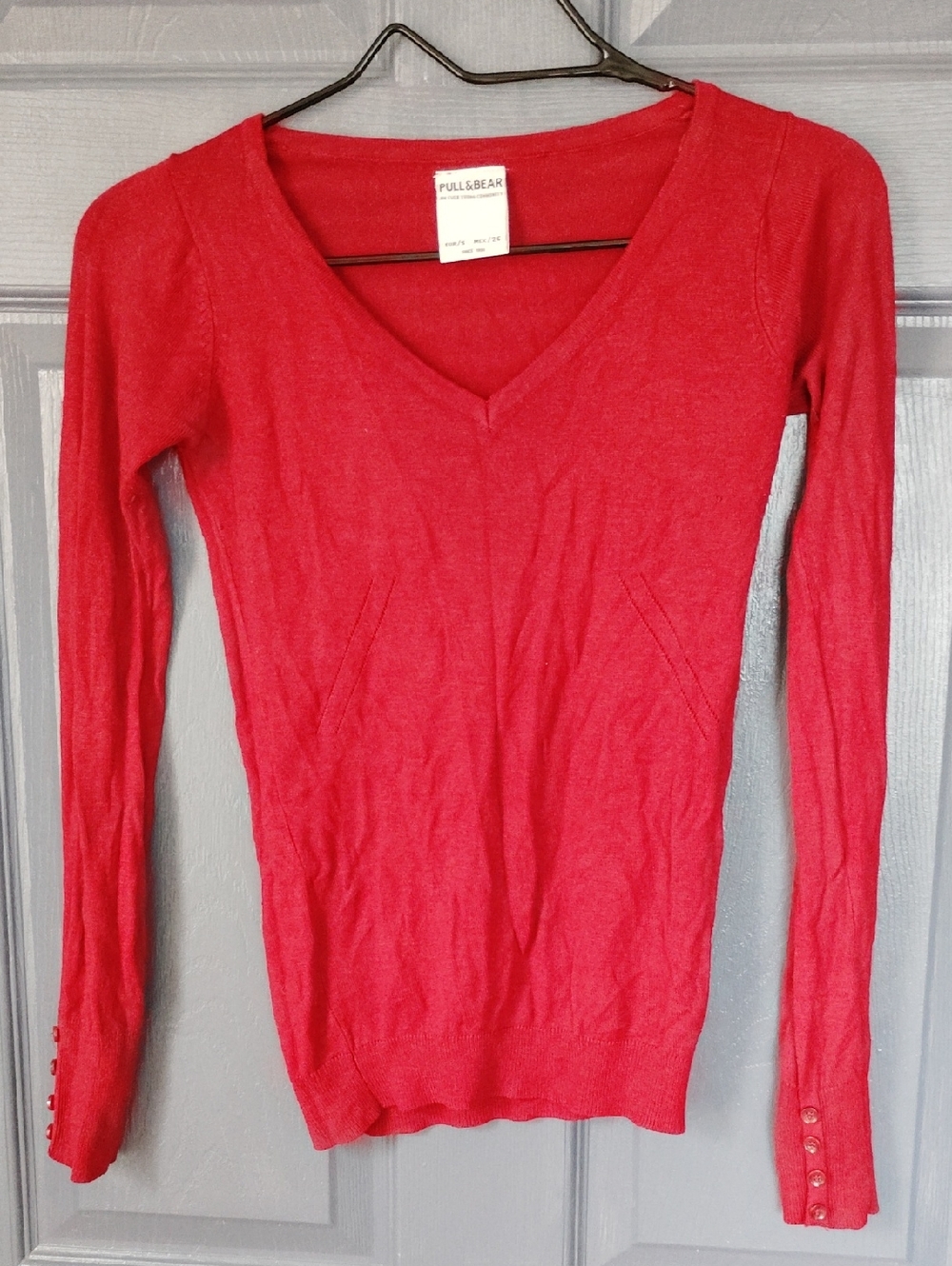 Pull&Bear Red V-Neck Long Sleeve Top with Cuff Buttons